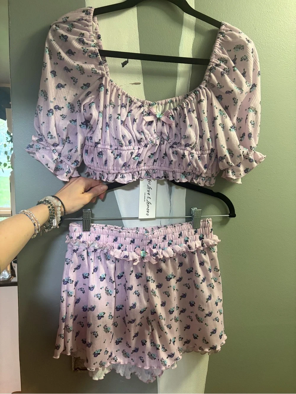 For Love & Lemons Lilac Floral Smocked Crop Top and Shorts Lounge Set - Picture 4 of 10